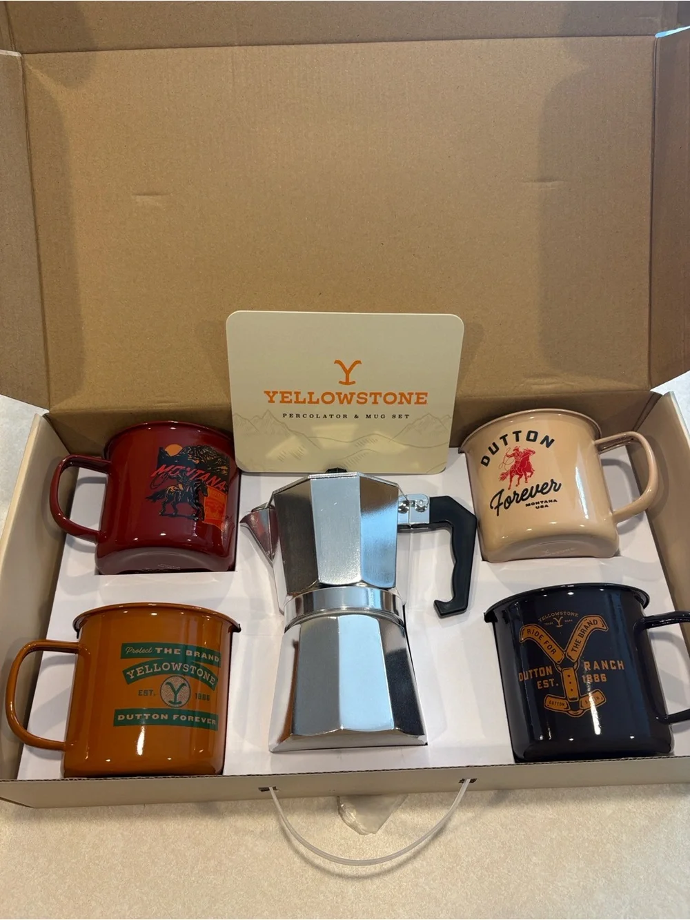 Yellowstone Percolator & Mug Set - Multi Color Camp Mugs with Silver Percolator